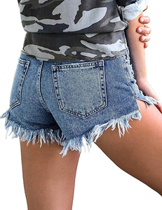 Shorts de mezclilla desgastados para mujer al por mayor, con cintura alta, diseño sin roturas en las rodillas, lavado vintage, logotipo personalizado - Product Image 5
