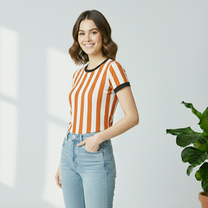 Camiseta de Mujer de Alta Calidad en Colores Naranja y Blanco con Cuello Redondo y Mangas Cortas, Logotipo Personalizado, 100 Gramos, Transpirable y Ecológica - Product Image 3