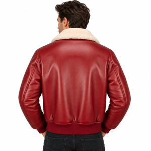 Blouson bomber pour homme en cuir véritable rouge, écologique, respirant, avec col en fausse fourrure, coupe-vent, style moto, fermeture éclair - Product Image 6