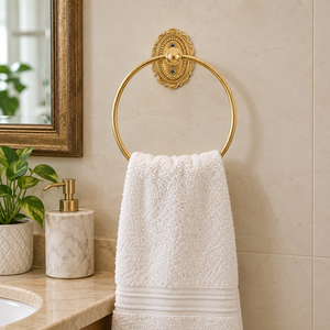 Porte-serviette mural ovale festonné perlé en laiton antique doré, support de serviette de luxe pour salle de bain - Product Image 2