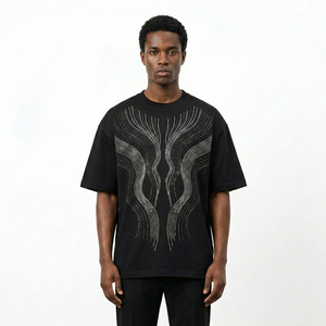 Premium Crystal Stone <b>Geometric</b> Front Logo T-<b>Shirt</b> Oversized Cotton Casual Streetwear Rhinestone Fashion Summer Tee - Product Image 3