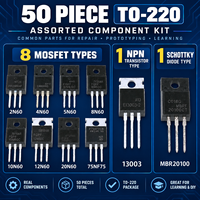 TO-220 Kit Semikonduktor Aneka Ragam 50 Buah 10 Jenis MOSFET NPN Transistor Dioda Schottky dengan Kotak Organizer Komponen Elektronik