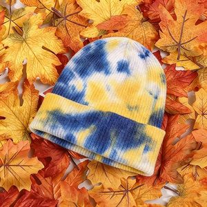 Gorro de Punto Unisex con Estampado Tie Dye, 100% Acrílico, Gorro de Invierno de Estilo Casual, Patrón Azul y Amarillo, Talla Adulto 56-58CM - Product Image 6