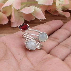 Handmade Natural Rainbow Moonstone Garnet Bezel Setting Classic 925 Sterling Silver Gemstone <b>Jewelry</b> Artisan Hammered Statement - Product Image 5