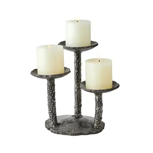 Rustic Three Pillar Candle Holder with Textured Stems and Round Base for Dining Table Centerpiece <b>Mantel</b> and Modern Home Styling - Product Image 1