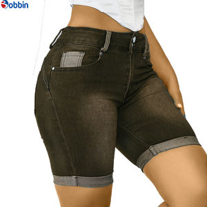 Short de mezclilla para mujer, de largo medio, corte recto, cintura alta, lavado desgastado, de alta calidad, cómodo, color personalizado, transpirable, con bolsillos. - Product Image 1