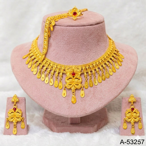 Indian Wedding Gold Plated Zinc Alloy Zircon Jewelry Set with Trendy Link Chain <b>Choker</b> Necklace Dangle Earrings Bracelet A-53259 - Product Image 3