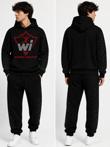 <b>Spark</b> Men Rhinestone Hoodie Jogger Tracksuit Set Black Fleece Streetwear Two Piece Casual Outfit For Daily Wear Wholesale - Product Image 5