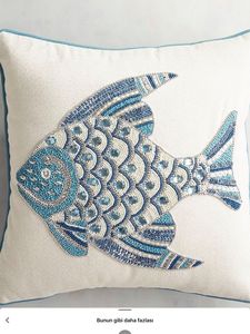 Embroidered Blue Beaded Fish Cushion Cover Linen Pillowcase Sofa Decorative Chair Living Room Home Decor Accent Puffy Pillow - Product Image 1