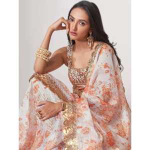 Superbe saree en organza à imprimé floral blanc avec chemisier - Product Image 5