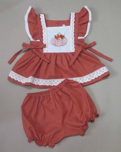 Robe bébé en coton sans manches style A-line pour filles, avec broderie citrouille d'automne, volants et bordure en dentelle, pour Thanksgiving - Product Image 3