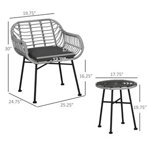 Set da patio in vimini di rattan PE resistente alle intemperie, 3 pezzi, con tavolo e sedie imbottiti grigi - Product Image 2