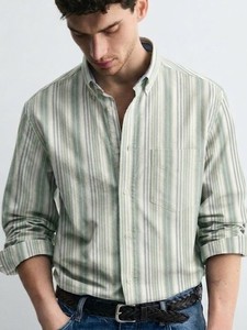 Chemise décontractée rayée à double boutonnage pour homme, manches longues, col rabattu, en coton respirant, style été - Product Image 1