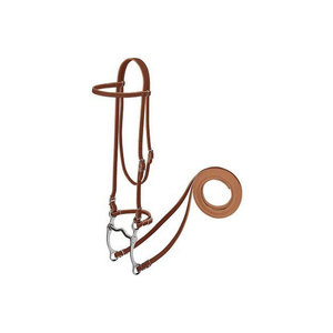 Cabezada de cuero marrón para caballo con cuerda de guía y bocado metálico - Product Image 1