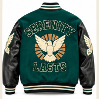 Veste universitaire réversible coupe-vent personnalisée, vert foncé, manches en cuir noir, broderie en chenille de laine, logo Letterman, streetwear