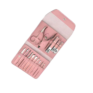 Lot de 18 outils professionnels de manucure et pédicure roses en acier inoxydable, kit de coupe-ongles 4-en-1 personnalisé, portable pour voyage et enfant - Product Image 1