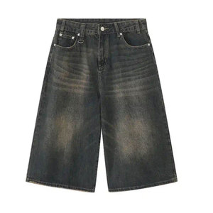 Shorts en jean stretch baggy pour homme, style décontracté, coupe droite, 100% coton, délavé à l'acide, streetwear, style été - Product Image 4