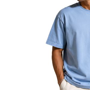 เสื้อยืดโอเวอร์ไซส์สีฟ้าอ่อนสำหรับผู้ชาย ปักโลโก้ตามสั่ง ผ้าคอตตอนหนา สไตล์สตรีทแวร์ คอกลม แขนสั้น เสื้อยืดลำลองใส่สบายสำหรับฤดูร้อน - Product Image 3