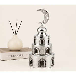 Luxury Silver Hammered Metal Mosque Minaret Tower Ornament with Crescent Moon <b>Top</b> for Ramadan <b>Table</b> <b>Decoration</b> and Eid Mubarak - Product Image 2