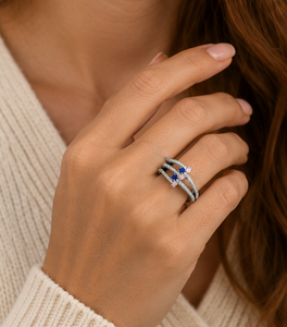 925 Sterling <b>Silver</b> Rhodium Plated Multi-Row CZ <b>Ring</b> with Pink & Blue Stones | Luxury <b>Statement</b> <b>Ring</b> for Women - Product Image 4