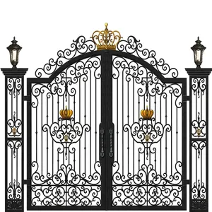 Portail d'entrée élégant en fer forgé avec motif couronne royale, décorations festonnées, détails métalliques artistiques, portail extérieur haut de gamme - Product Image 1