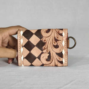 Handmade Genuine Leather <b>Card</b> Holder Brown Black Checkered Floral Embossing Vintage Button Closure Women Short <b>Wallet</b> - Product Image 5