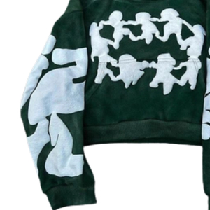 Felpa Oversize alla Moda con Stampa Mimetica Verde e Figure Bianche sul Logo Frontale, Unisex, Casual, per l'Autunno, in Spugna Francese di Cotone Lavorato a Maglia - Product Image 4