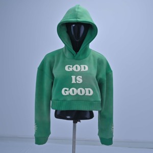 เสื้อฮู้ดครอปสีเขียวคุณภาพสูงสำหรับผู้หญิง พิมพ์ลายตัวอักษร God Is Good ด้านหน้า สไตล์ลำลอง แขนยาว ผ้าถัก 100% คอตตอน สำหรับฤดูหนาว - Product Image 1