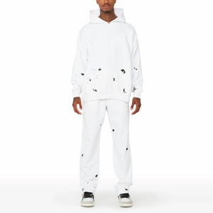 Ensemble de survêtement pour homme, blanc, imprimé goutte à goutte, à capuche, manches longues, coupe ample, sweat-shirt et pantalon en coton, streetwear d'automne - Product Image 1