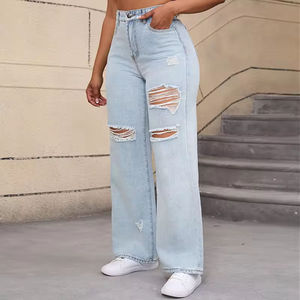 Jeans de mezclilla de cintura media, sencillos, tejidos, lavados, de pierna ancha, desgastados, de ajuste holgado, de largo completo, 100% algodón, casuales de verano para mujer - Product Image 6
