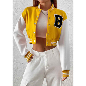 Yellow <b>White</b> Varsity <b>Jacket</b> With Letter B Front Print Short Crop Bomber Style Preppy Look Regular Fit Turn Down Collar - Product Image 1