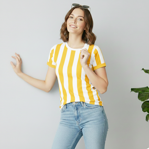 T-shirt jaune et blanc pour femmes avec services OEM, qualité supérieure, chemises pour femmes à manches courtes et col rond - Product Image 1