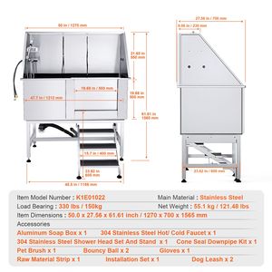 Vasca Professionale per Toelettatura Cani in Acciaio Inox da 50 Pollici con Scala, Rubinetto e Dispenser Sapone - Stazione Completa per il Bagno del Cane - Product Image 6