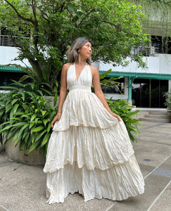 Luxury V-neck Boho Maxi <b>Dress</b> Smocked Waist Backless Tiered Ruffle White Knitted Organic Cotton Eco-Friendly Sexy Summer <b>Dress</b> - Product Image 2