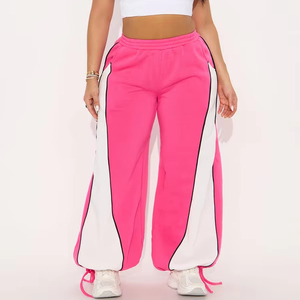 กางเกงขายาวผ้าฟลีซเนื้อนุ่มสำหรับผู้หญิง สีชมพู ดีไซน์ตัดต่อสีสัน สไตล์ลำลอง ผู้ผลิต OEM กางเกงผู้ชาย - Product Image 1