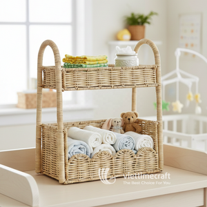 Étagère de rangement en rotin écologique à 2 niveaux avec détails festonnés, style vintage, organisateur multifonction et étagère pour chambre d'enfant - Product Image 5