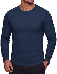 Chemise thermique à manches longues pour homme, col rond, tissu gaufré respirant, coupe décontractée, sous-vêtement de base pour l'hiver par temps froid - Product Image 1