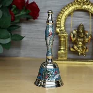 Cloche à main artisanale en laiton Meena avec motif religieux émaillé, plaquée or, décoration décorative pour la maison/la table, cadeau pour l'occasion Pooja - Product Image 5