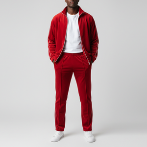 Ensemble de survêtement 2 pièces en velours pour homme OEM – Veste zippée et pantalon rouge – Collection 2026 - Product Image 4
