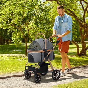 Passeggino per Cani 3 in 1 Grigio Leggero a 4 Ruote Pieghevole con Cabina Staccabile per Piccoli Animali Domestici - Product Image 2