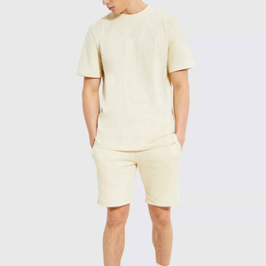 Men's Cream Cotton Crew Neck T-Shirt And Shorts <b>Set</b> Casual Summer Wear <b>Knitted</b> Solid Color 2-Piece Outfit - Product Image 2