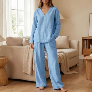 Custom Womens Linen Long Set – Breathable Long Sleeve V-Neck Top & Wide Leg Pants Casual Homewear Outfit - Product Image 4