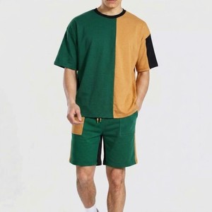 Conjunto Casual de Verano para Hombre, Camiseta de Cuello Redondo con Bloques de Color Marrón y Amarillo, con Pantalones Cortos a Juego, Tejido Transpirable - Product Image 6