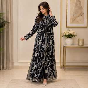 Elegant Embroidered Georgette Long Sleeve Abaya <b>Women</b> | Heavy Sequin Floral Embroidery Open Front Stand <b>Collar</b> Party Wear Maxi - Product Image 3
