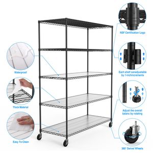 7500lbs Heavy Duty 5 Tier Metal Wire Shelving Unit 82\" H X 60\" L X 2\" Adjustable Storage <b>Rack</b> Wheels Shelf Liners <b>for</b> <b>Garages</b> - Product Image 4