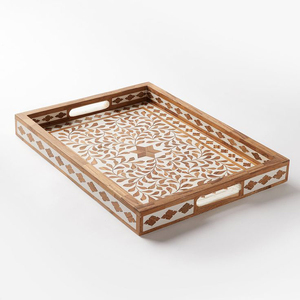 Storage <b>Trays</b> with Elegant Handles and Intricate Inlay Work for Home Decor Acacia or Mango Wood - Product Image 2