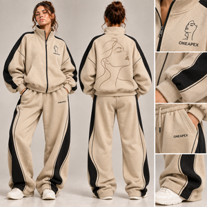 Women's Beige Black Tracksuit Set <b>Zip</b> <b>Up</b> <b>Jacket</b> Wide Leg Pants Graphic Casual Streetwear OEM ODM Custom Logo - Product Image 5