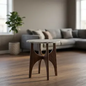 Mesa Auxiliar Redonda Moderna con Tapa de Madera Maciza, Diseño de Mediados de Siglo, Muebles para Sala de Estar, Hecha a Mano, Fácil de Limpiar - Product Image 1
