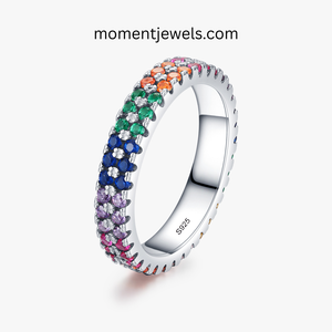S925 <b>Silver</b> Rainbow Zircon <b>Eternity</b> Band <b>Ring</b> Colorful Pave Claw Setting Fine Jewelry for Wedding Gift - Product Image 1