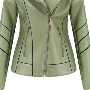 Green PU Leather Moto Jacket With Turn-<b>down</b> Collar Full Sleeve Zipper Closure Women's Autumn Style Outerwear New Coming Hot Sale - Product Image 4
